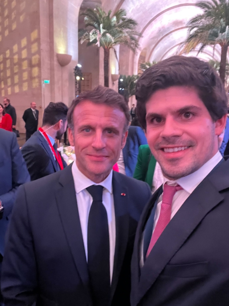 France President Emmanuel Macron and Luis Santiago Pinto, CEO of Powerdot